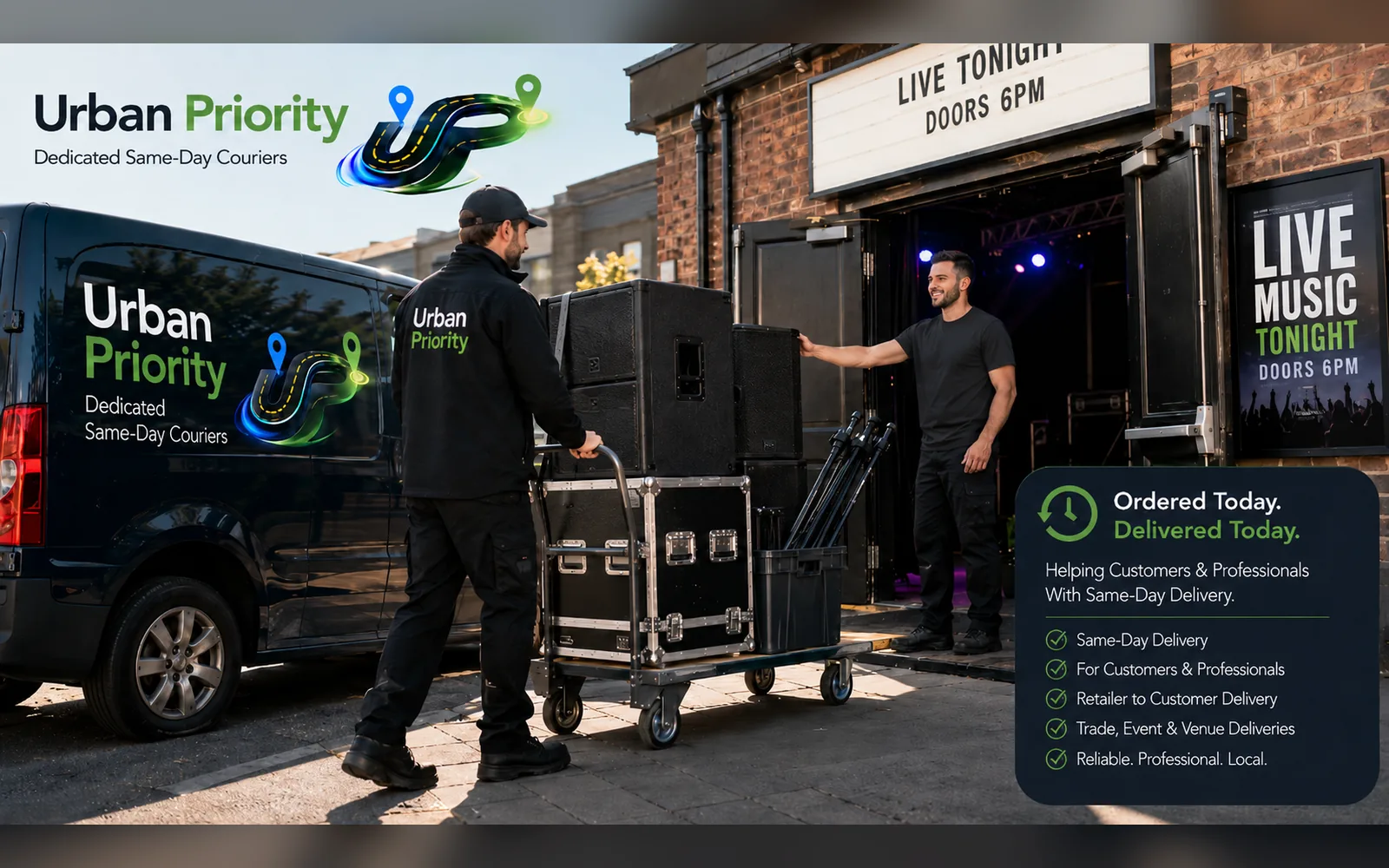 Urban Priority van courier handling business equipment for same-day delivery