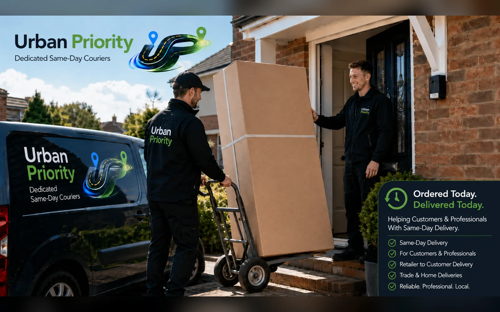 Urban Priority courier delivering a large parcel from a van