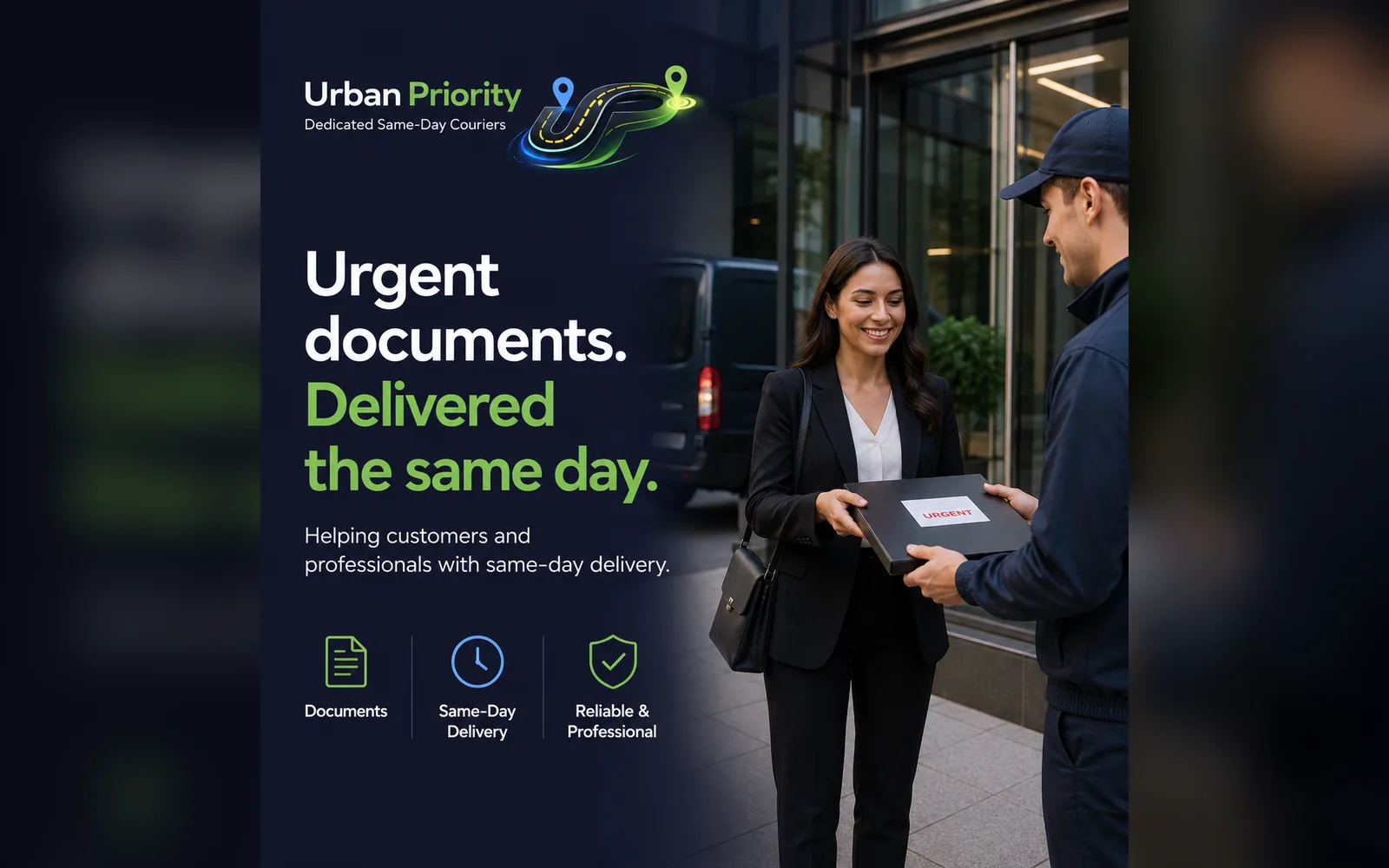 Urban Priority courier handing over urgent documents for same-day delivery